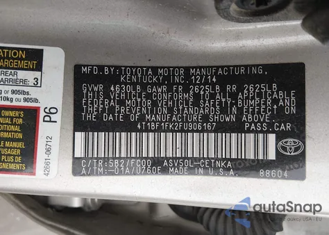 2015 Toyota Camry Le z USA, uszkodzony, nr VIN 4T1BF1FK2FU906167